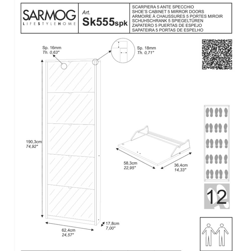  Elegante scarpiera a 5 ante con maniglia satinata finitura Noce Stelvio / Specchio Naturale by Sarmog by CeramicStore | Lo specialista del tuo bagno