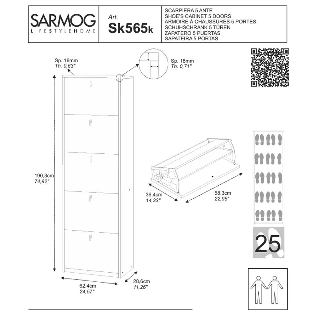  Elegante scarpiera a 5 ante con maniglia satinata Profondità 29 cm finitura Olmo Chiaro by Sarmog by CeramicStore | Lo specialista del tuo bagno