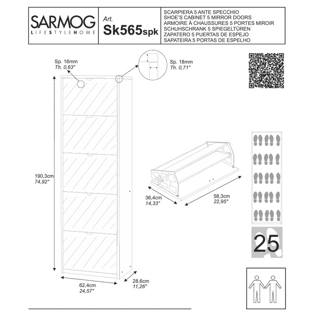 Elegante scarpiera a 5 ante con maniglia satinata Profondità 29 cm finitura Cemento / Specchio Naturale by Sarmog by CeramicStore | Lo specialista del tuo bagno