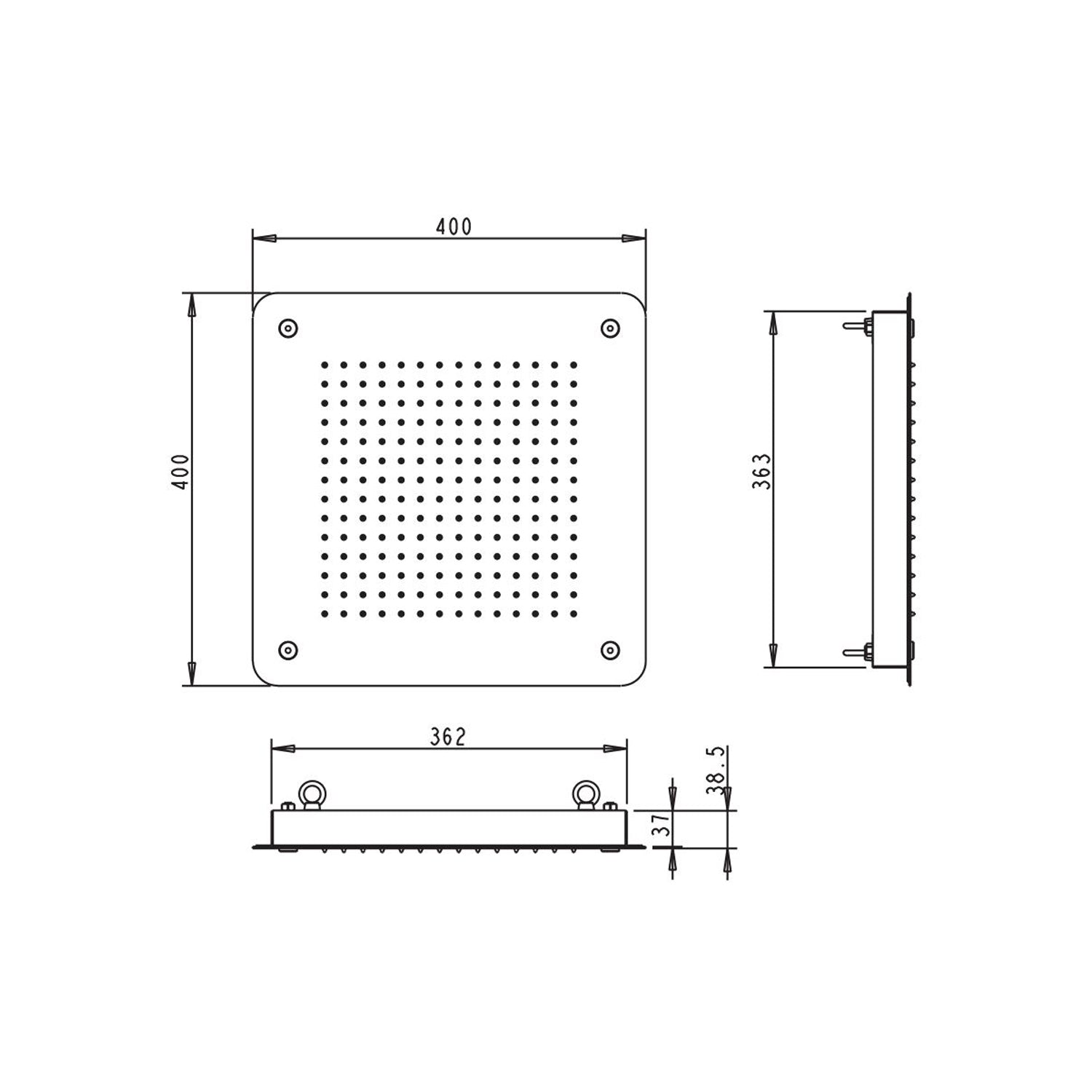 Soffione Rain 40cm in acciaio nero con anticalcare e getto a pioggia di Sphera Docce 2