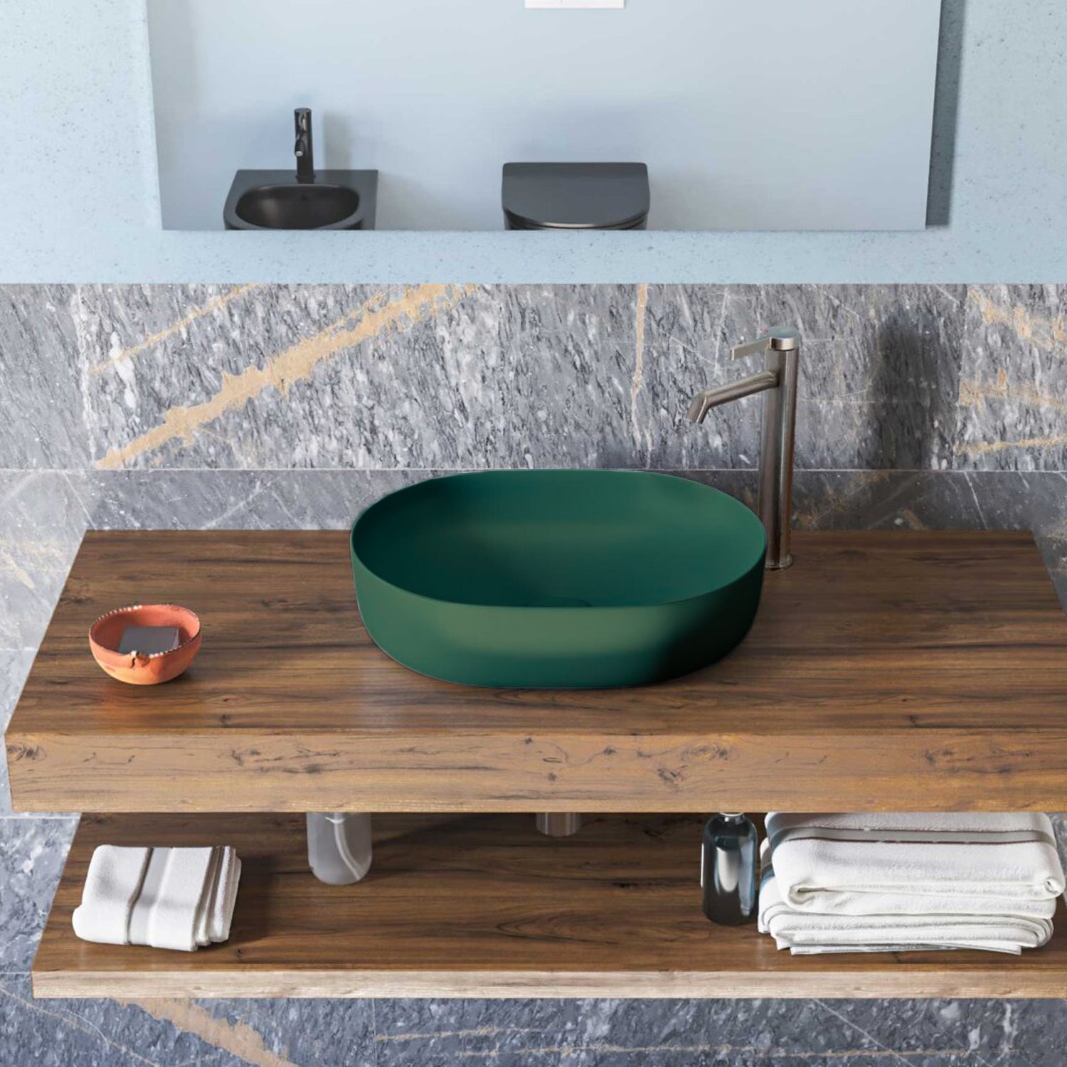 Lavabo da appoggio Slim ovale BathCore serie Viva 49x35,5 cm senza troppopieno - Verde opaco