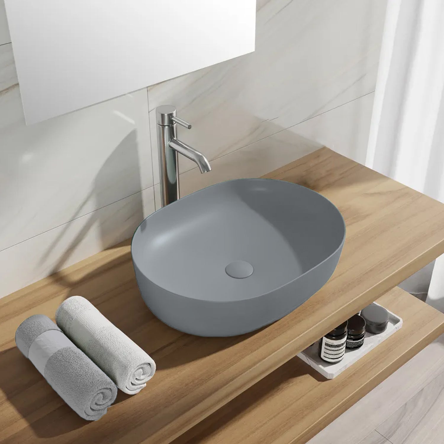 Lavabo da appoggio Slim ovale BathCore serie Viva 49x35,5 cm senza troppopieno - Grigio opaco