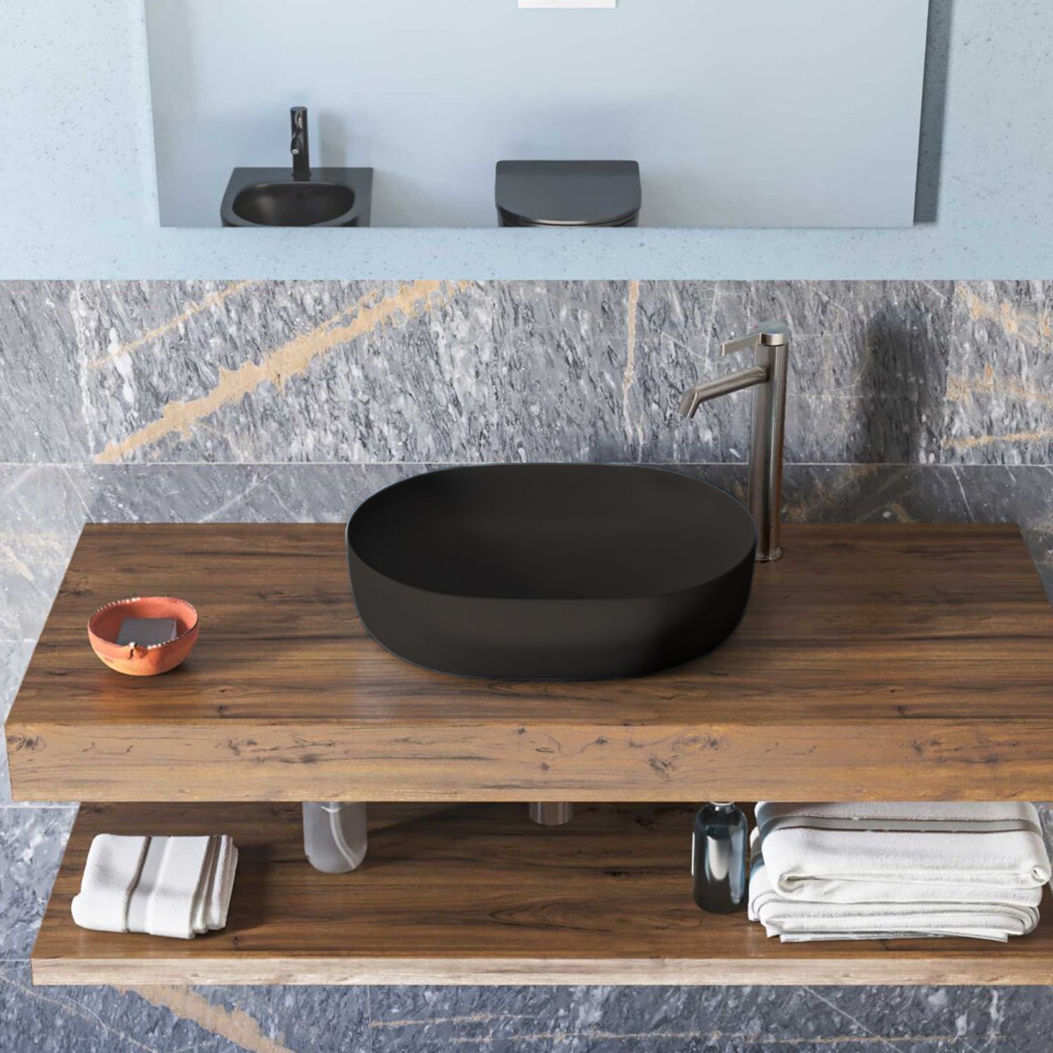 Lavabo da appoggio Slim ovale BathCore serie Viva 49x35,5 cm senza troppopieno - Nero opaco