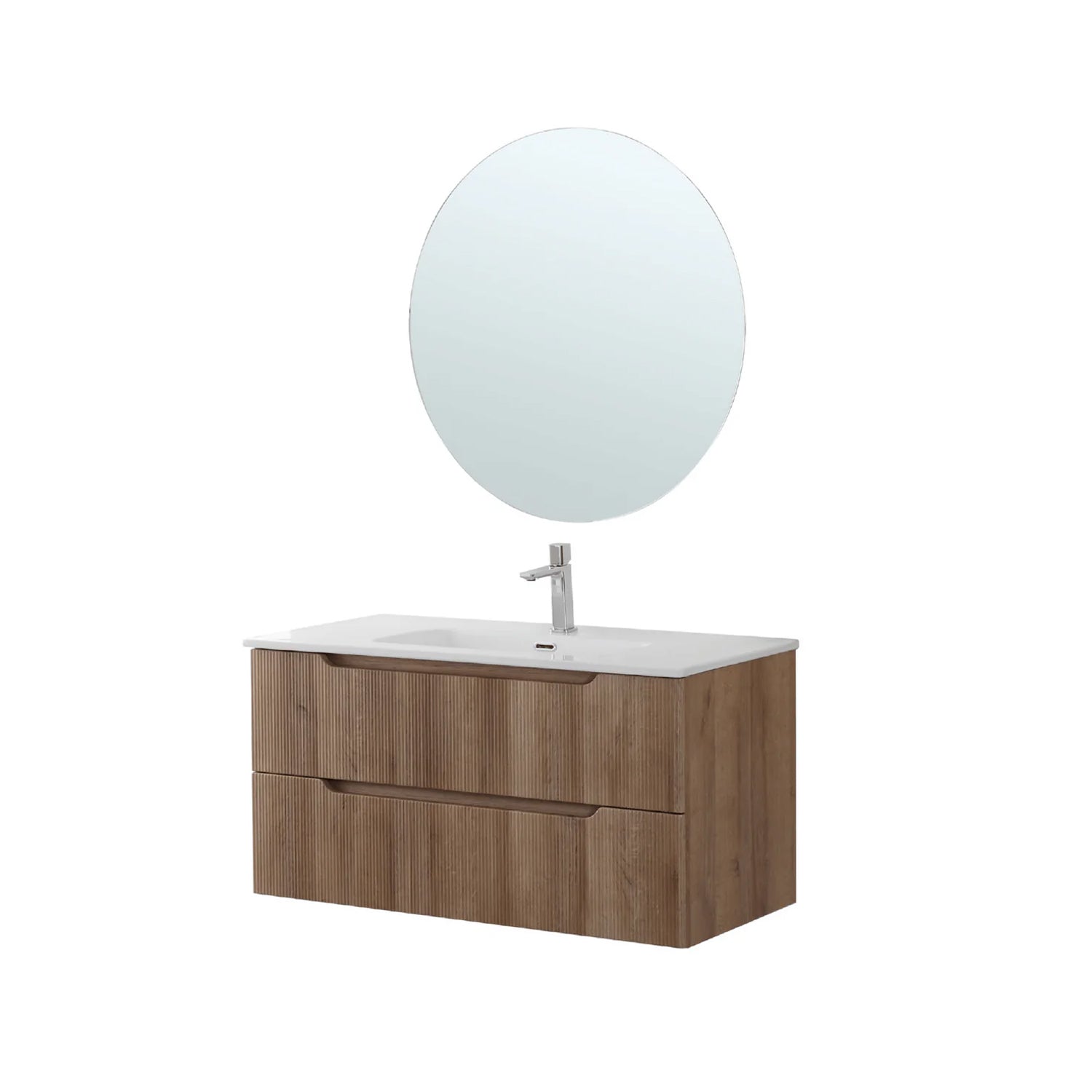 Composizione bagno sospesa Cubi&Co serie Cannes 100 cm con lavabo in ceramica e specchio tondo - Rovere riviera