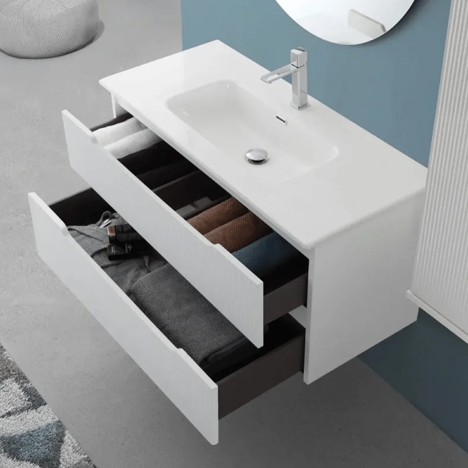 900293 - Composizione bagno sospesa Cubi&Co serie Cannes 8100 cm con lavabo in ceramica e specchio tondo - Bianco Opaca 3