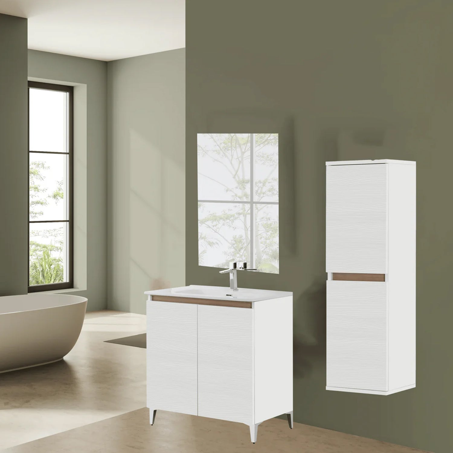 900270 - Mobile bagno a terra Revival 80 cm con lavabo in ceramica e specchio - Bianco Frassinato 2