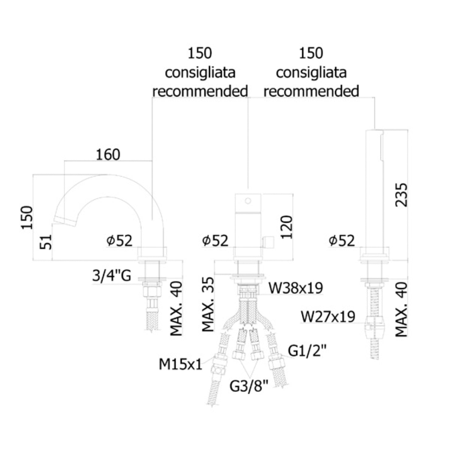 Miscelatore bordo vasca Paffoni Light con bocca di erogazione e doccia estraibile by CeramicStore | Lo specialista del tuo bagno