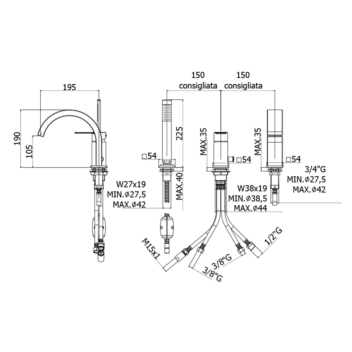  Miscelatore bordo vasca Paffoni Tango con deviatore e bocca a cascata 3 fori by CeramicStore | Lo specialista del tuo bagno