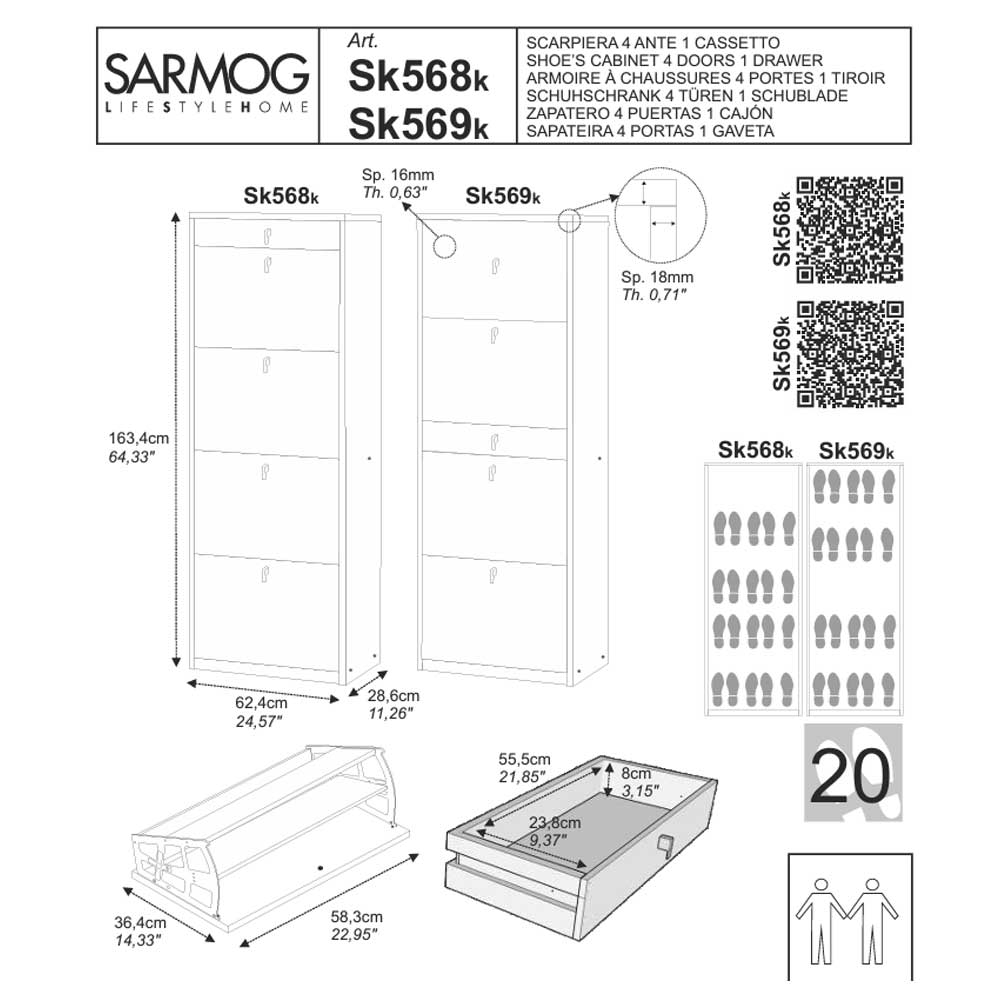  Elegante scarpiera a 4 ante + 1 Cassetto Centrale con maniglia satinata Profondità 29 cm finitura Cemento by Sarmog by CeramicStore | Lo specialista del tuo bagno