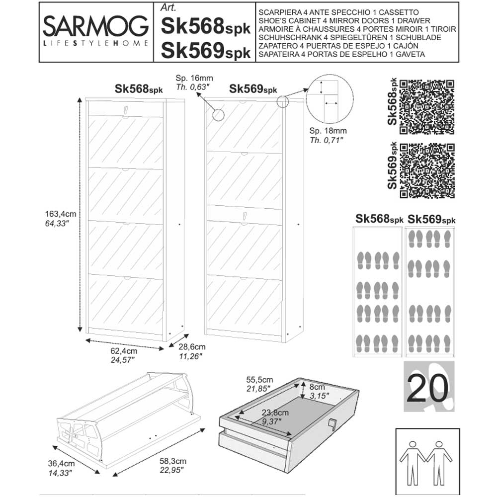 Elegante scarpiera a 4 ante + 1 Cassetto Centrale con maniglia satinata Profondità 29 cm finitura Noce Stelvio / Specchio Naturale by Sarmog by CeramicStore | Lo specialista del tuo bagno