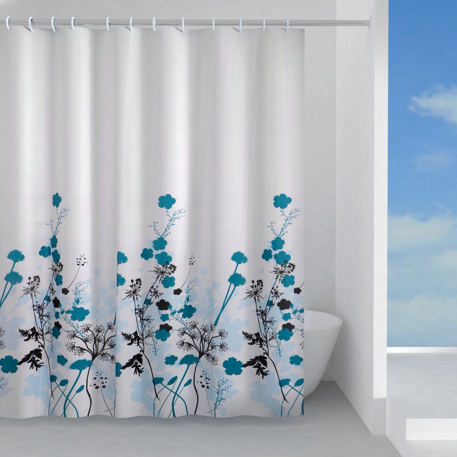 Tenda doccia in tessuto 240x200 cm modello Ricordi di Gedy - Celeste/Turchese/Nero by CeramicStore | Lo specialista del tuo bagno