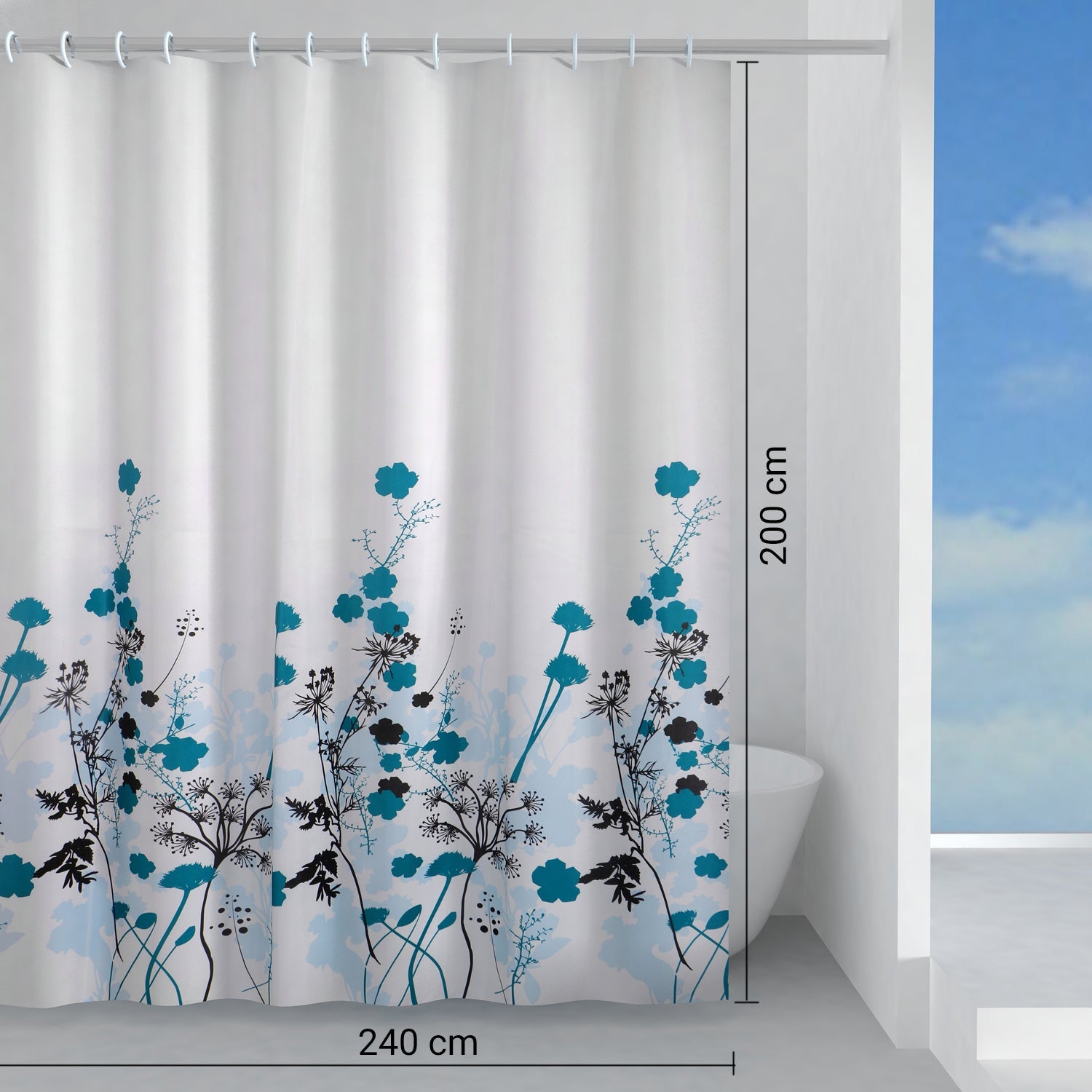 Tenda doccia in tessuto 240x200 cm modello Ricordi di Gedy - Celeste/Turchese/Nero by CeramicStore | Lo specialista del tuo bagno