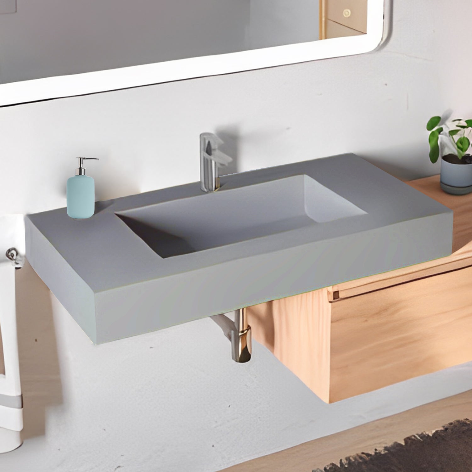 Lavabo a muro con vasca centrale L80 x P51,5 cm BathCore - Grigio