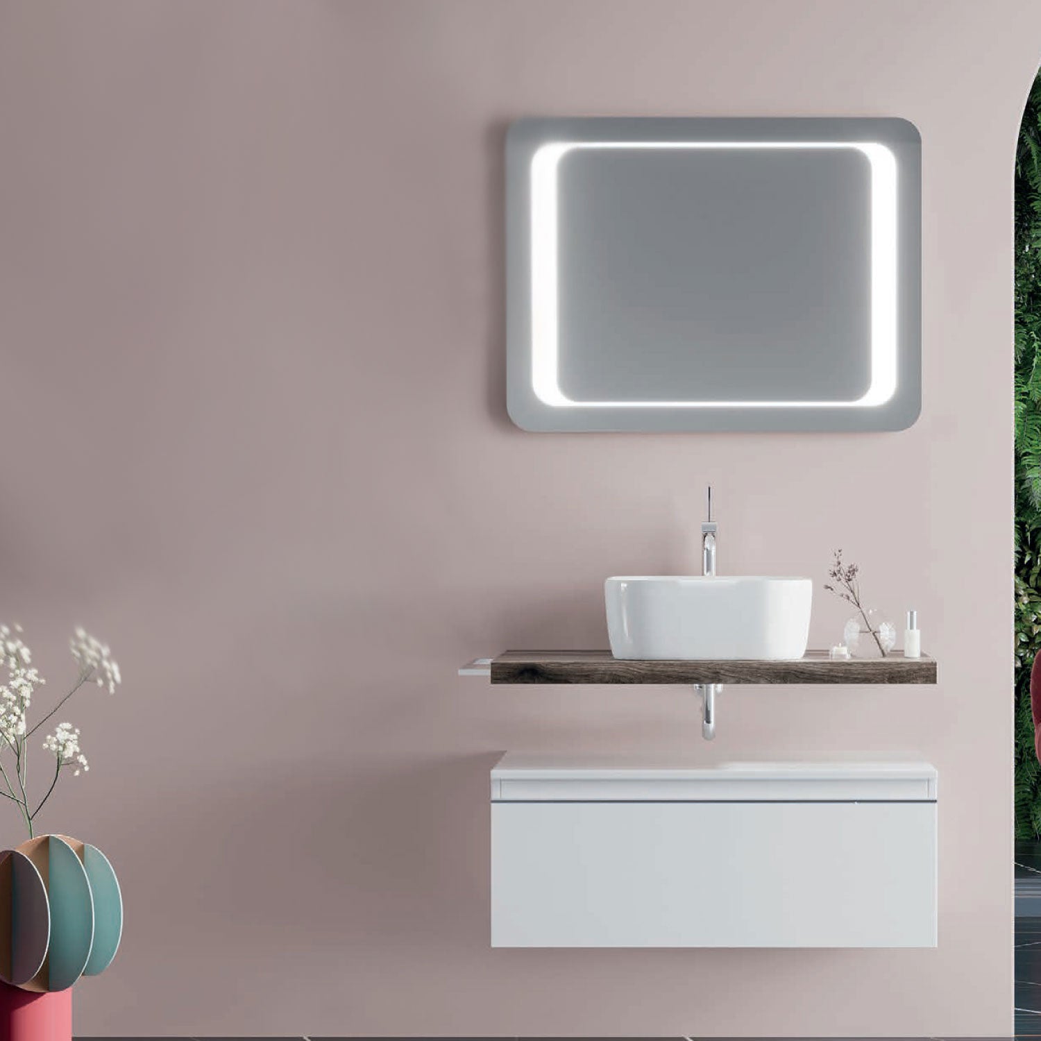 Mobile bagno con lavabo d'appoggio in ceramica e specchio led cm 80 bianco lucido e rovere fossile - Cubi&Co modello Destiny 2 by CeramicStore | Lo specialista del tuo bagno