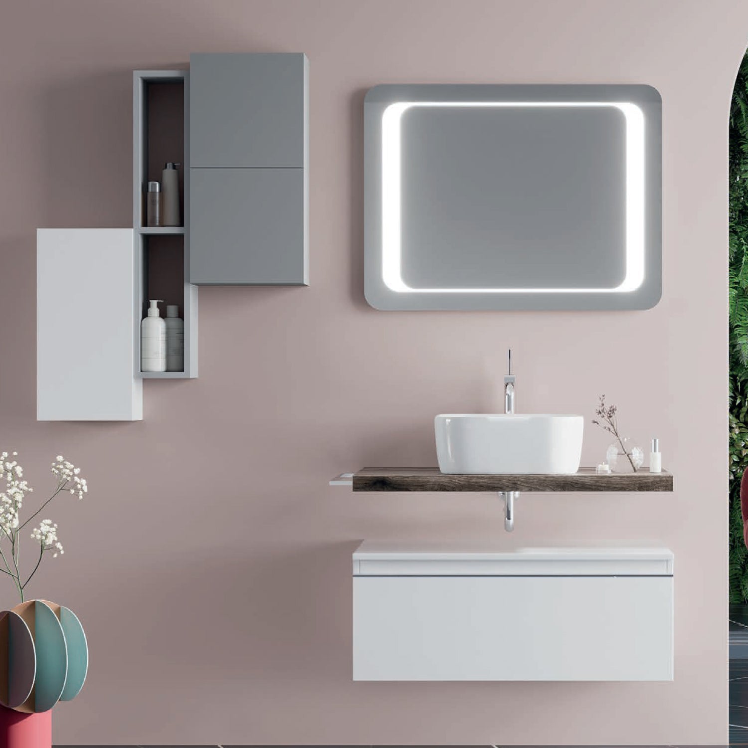  Mobile bagno con lavabo d'appoggio in ceramica e specchio led cm 80 bianco lucido e rovere fossile - Cubi&Co modello Destiny 2 by CeramicStore | Lo specialista del tuo bagno