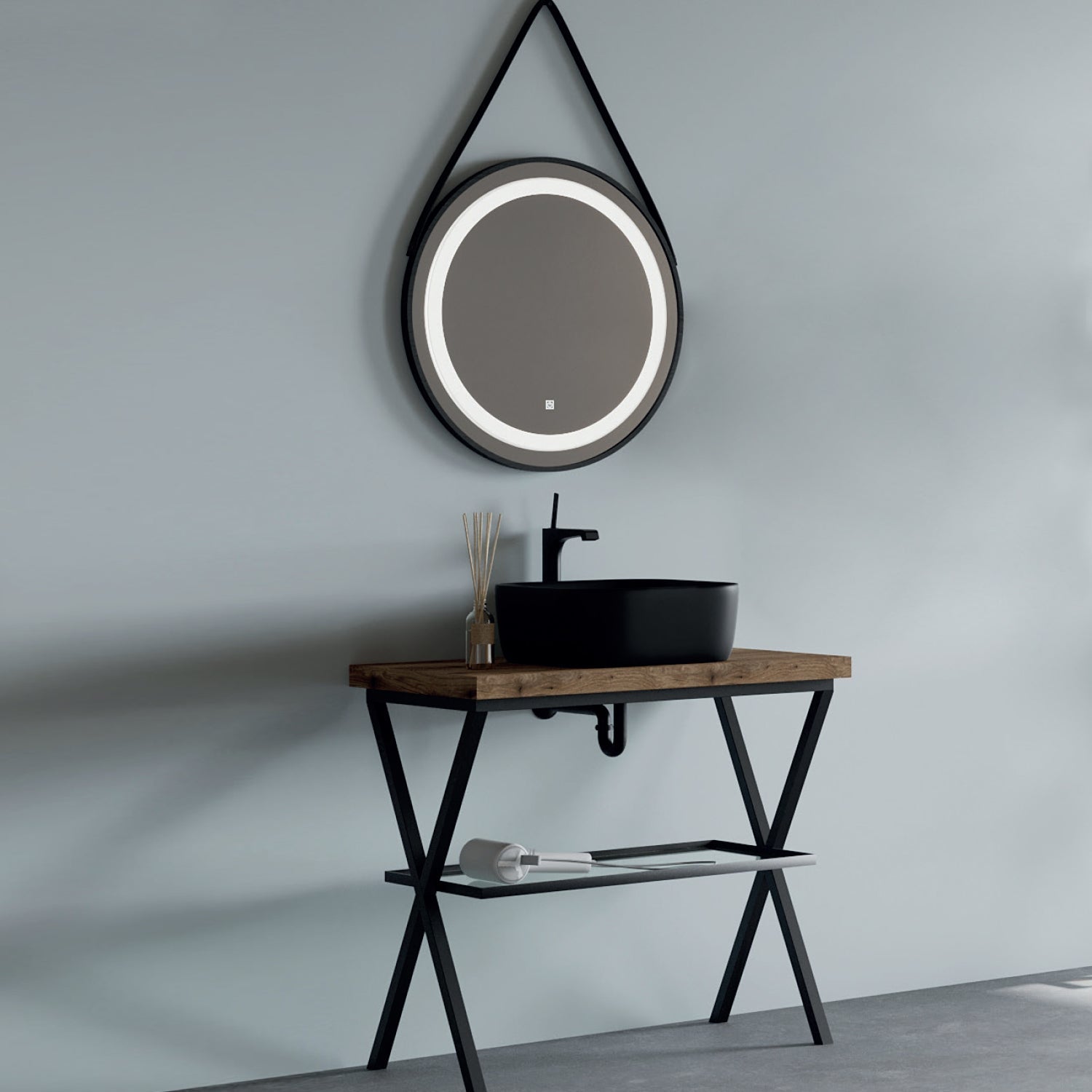 Mobile bagno in metallo nero con lavabo d'appoggio nero opaco e specchio led cm 80 top rovere naturale- Cubi&Co modello Destiny 4 by CeramicStore | Lo specialista del tuo bagno