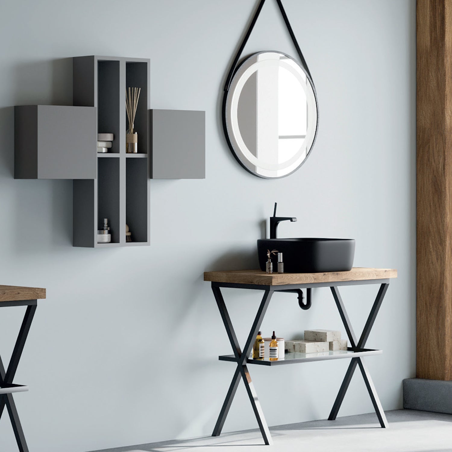  Mobile bagno in metallo nero con lavabo d'appoggio nero opaco e specchio led cm 80 top rovere naturale- Cubi&Co modello Destiny 4 by CeramicStore | Lo specialista del tuo bagno