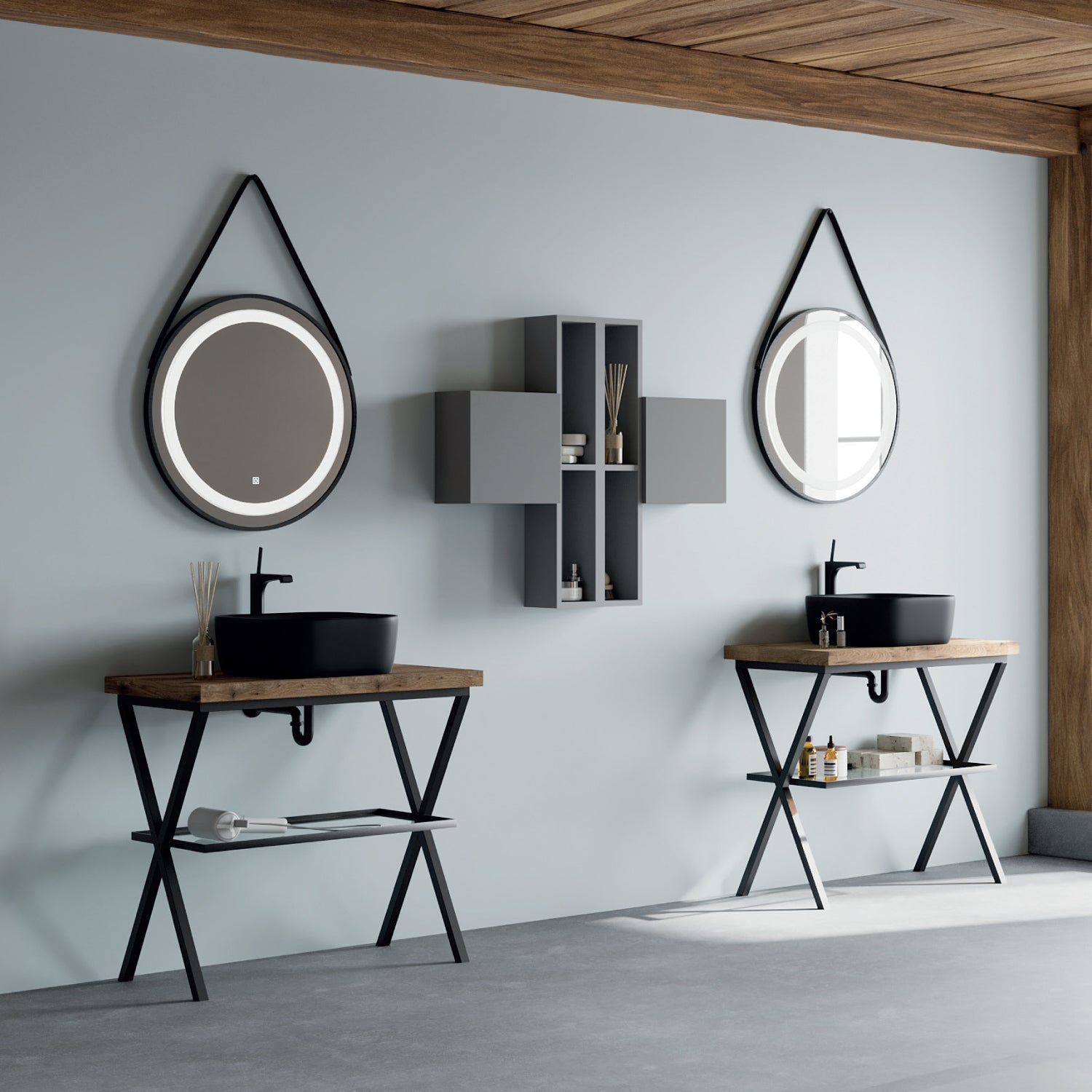  Mobile bagno in metallo nero con lavabo d'appoggio nero opaco e specchio led cm 80 top rovere naturale- Cubi&Co modello Destiny 4 by CeramicStore | Lo specialista del tuo bagno