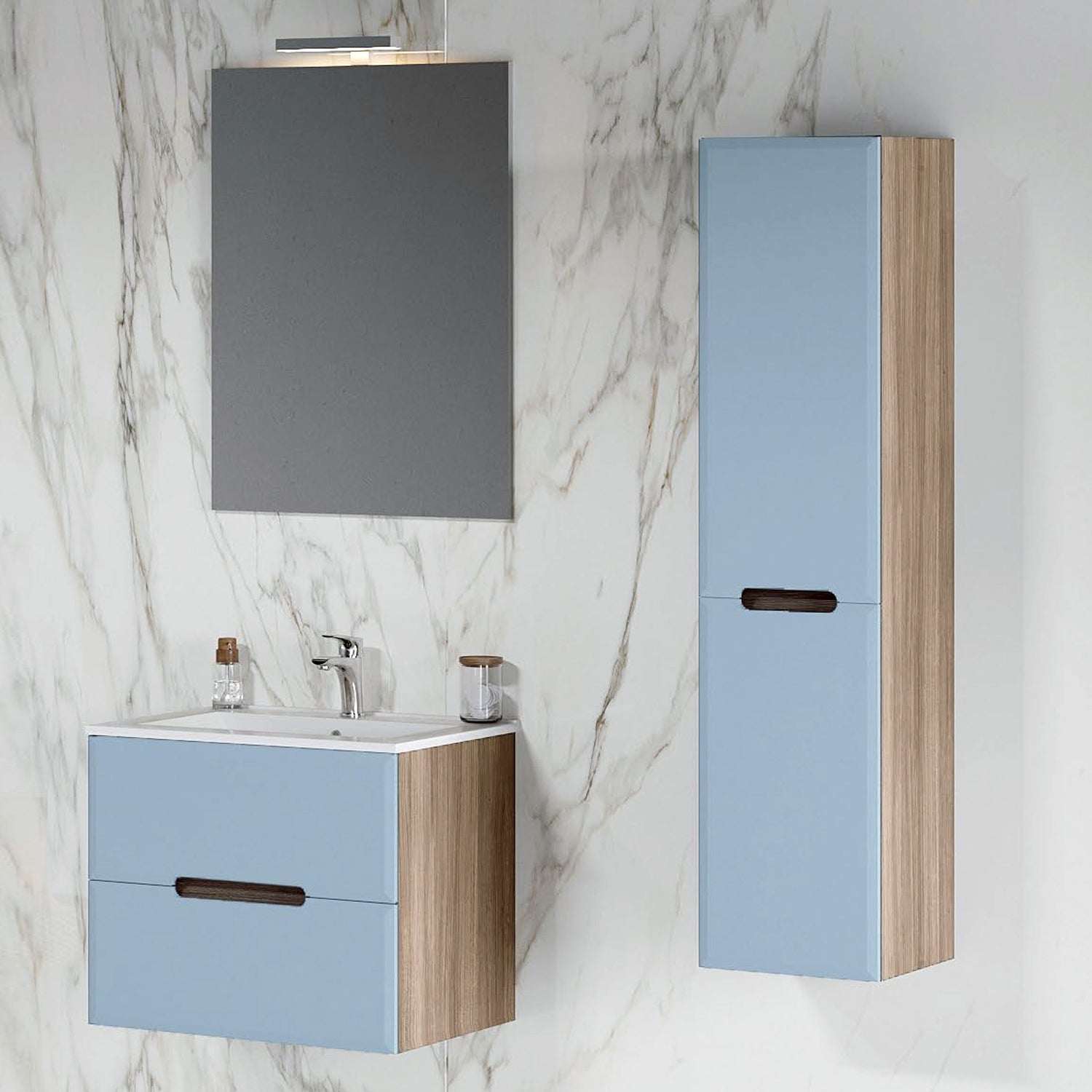  Mobile bagno a due cassetti con lavabo in ceramica specchio e lampada cm 60 Blu Pastello Opaco - Cubi&Co modello Fluid 1 by CeramicStore | Lo specialista del tuo bagno