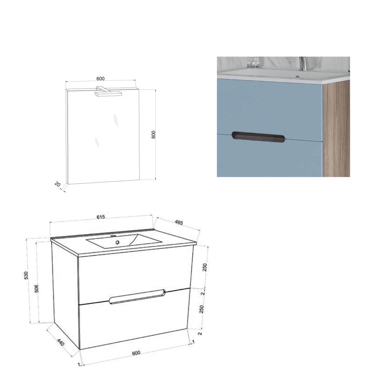  Mobile bagno a due cassetti con lavabo in ceramica specchio e lampada cm 60 Blu Pastello Opaco - Cubi&Co modello Fluid 1 by CeramicStore | Lo specialista del tuo bagno