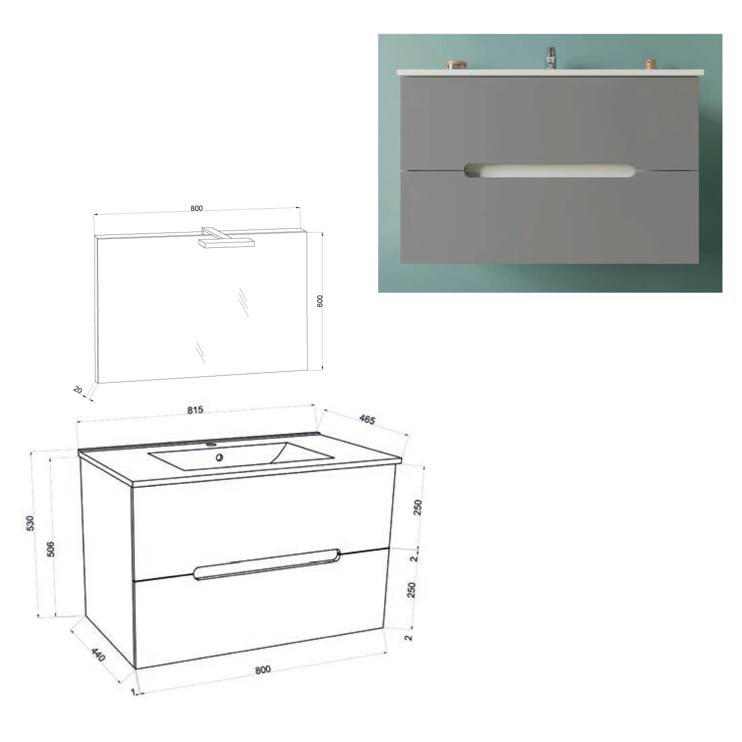  Mobile bagno a due cassetti con lavabo in ceramica specchio e lampada cm 80 Tortora Chiaro- Cubi&Co modello Fluid 2 by CeramicStore | Lo specialista del tuo bagno