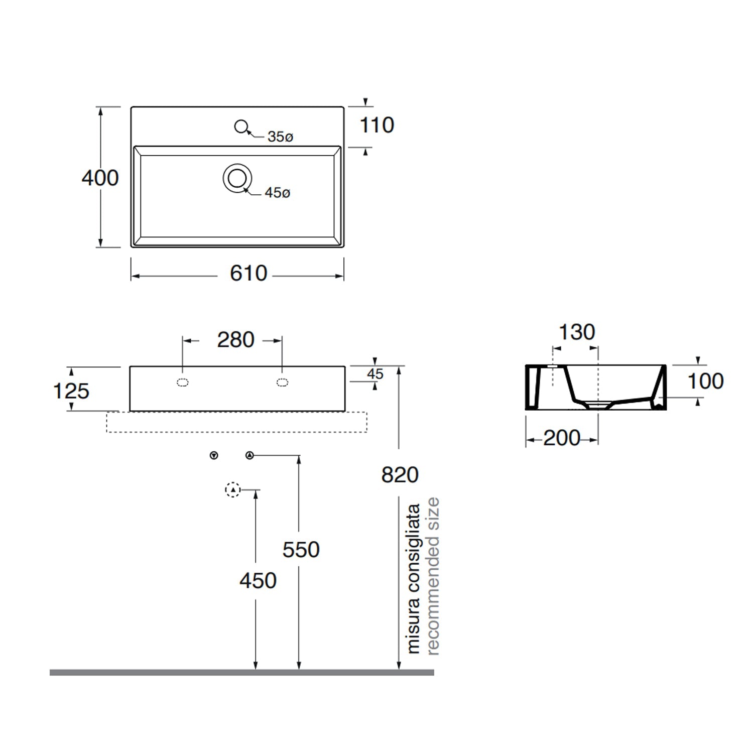  Lavabo appoggio/sospeso Azzurra serie Elegance Squared 61x40 cm - Bianco lucido