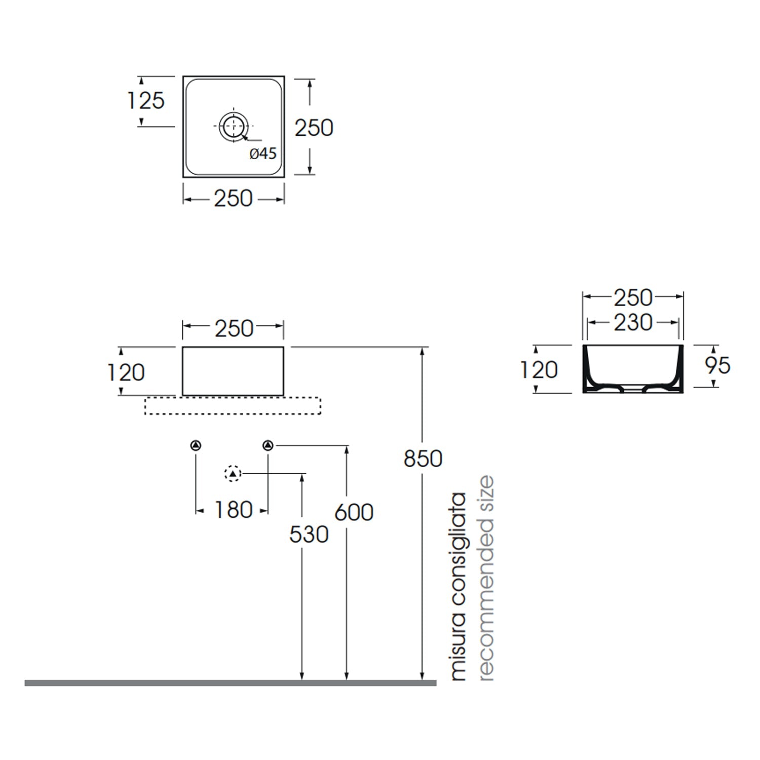  Lavabo da appoggio Azzurra Elegance Squared 25x25 cm - Bianco lucido
