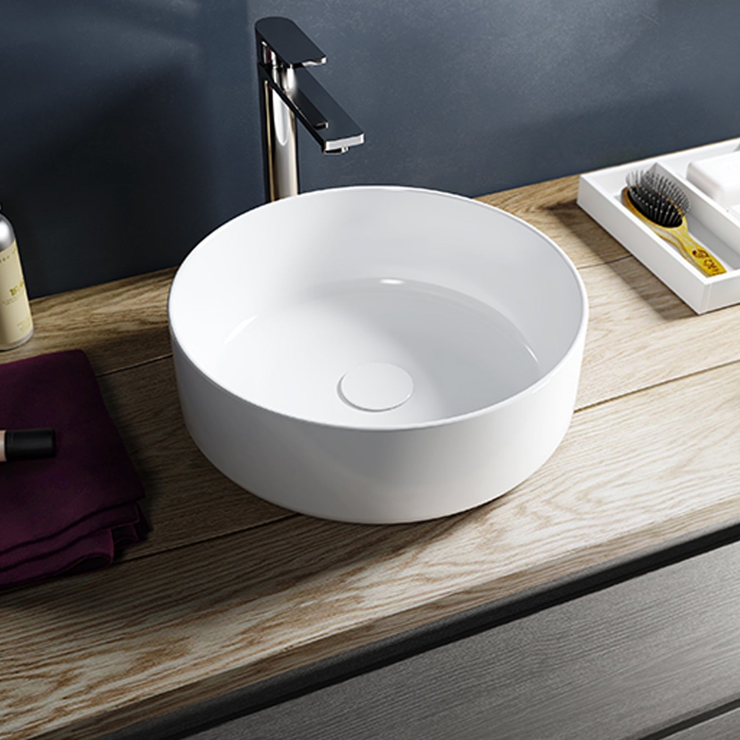  Lavabo da appoggio tondo in ceramica bianco lucido BathCore serie Infinity diam. cm 36