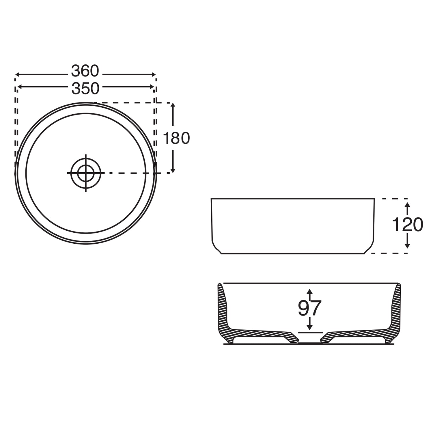  Lavabo da appoggio tondo in ceramica bianco lucido BathCore serie Infinity diam. cm 36