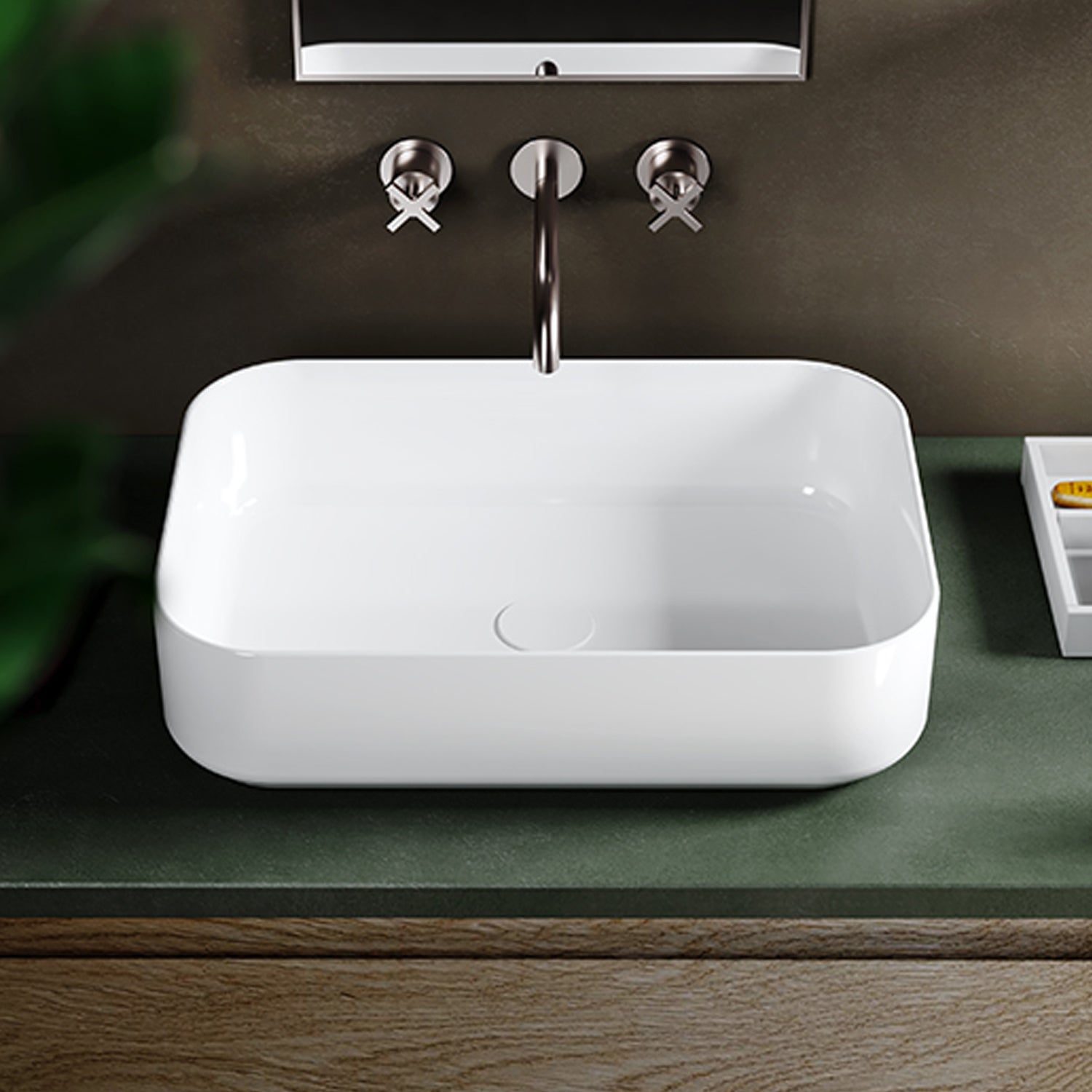  Lavabo da appoggio rettangolare con angoli smussati in ceramica bianco lucido BathCore serie Infinity cm 50x36
