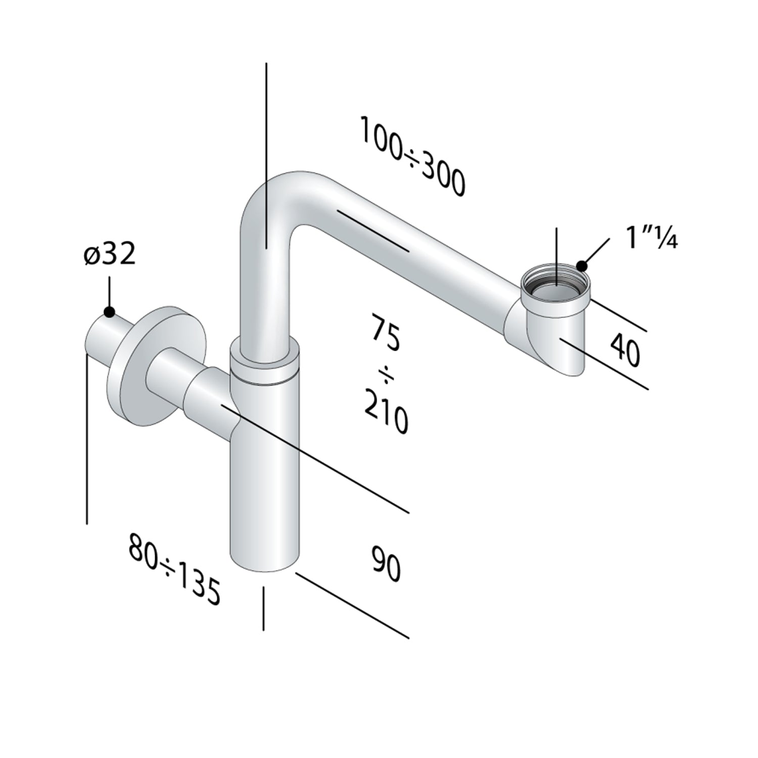 Sifone design salva-spazio in ottone cromato RubiFlux 2