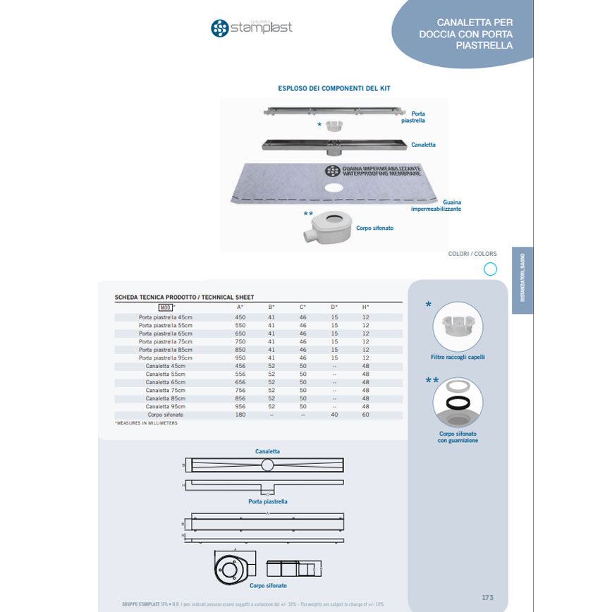 Canaletta per doccia Stamplast con porta piastrella e guaina protettiva lunghezza 55 cm 2