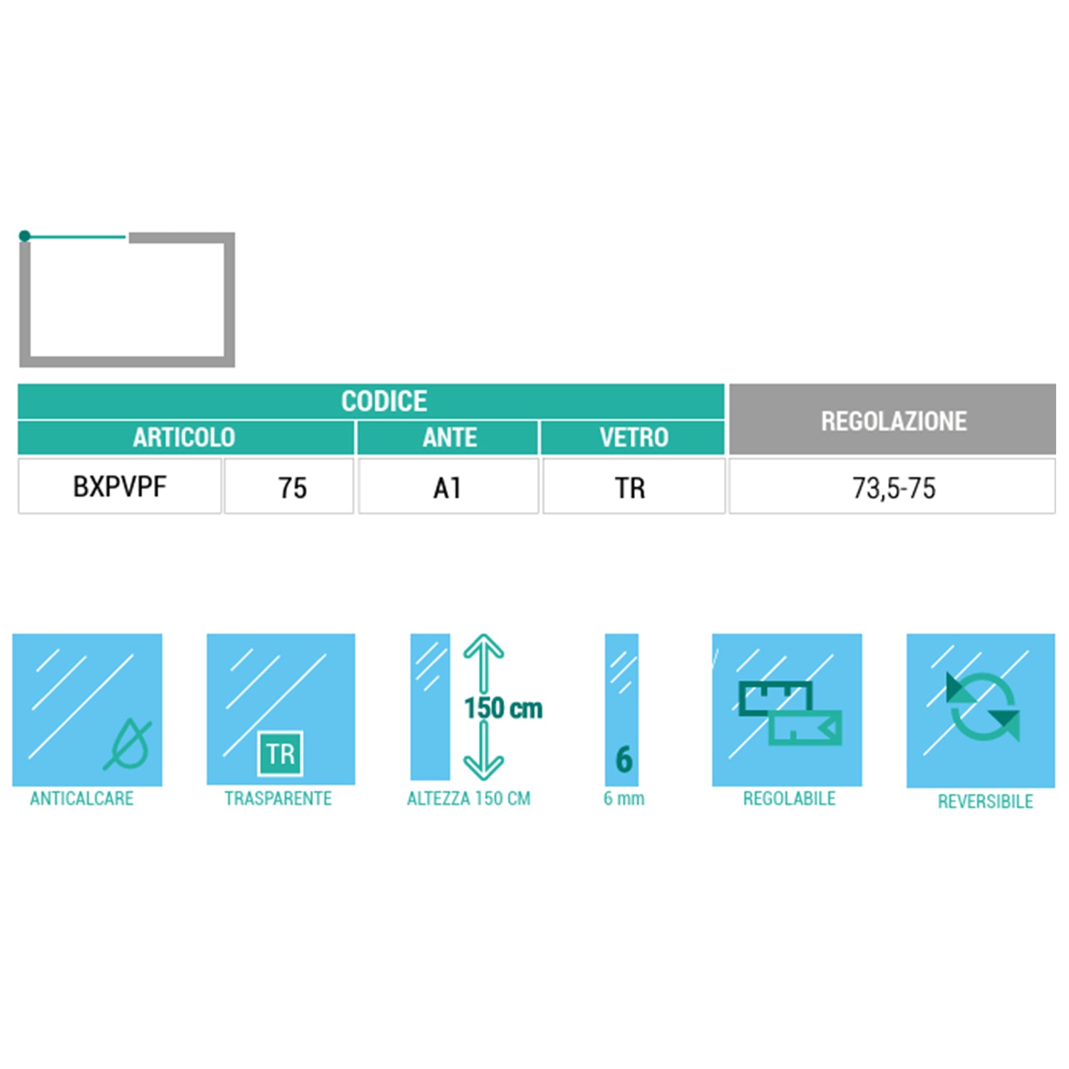 Parete vasca fissa in vetro trasparente da 6 mm e reversibile di DocciaGo - Cromo 2