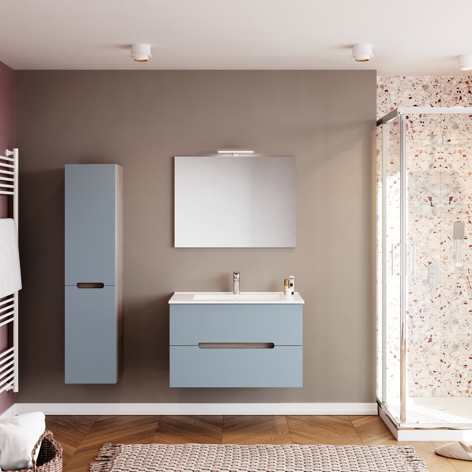 Mobile bagno con lavabo e specchiera Cubi&Co Fluid 2 - Rovere Fumo/Blu Pastello Opaco by CeramicStore | Lo specialista del tuo bagno