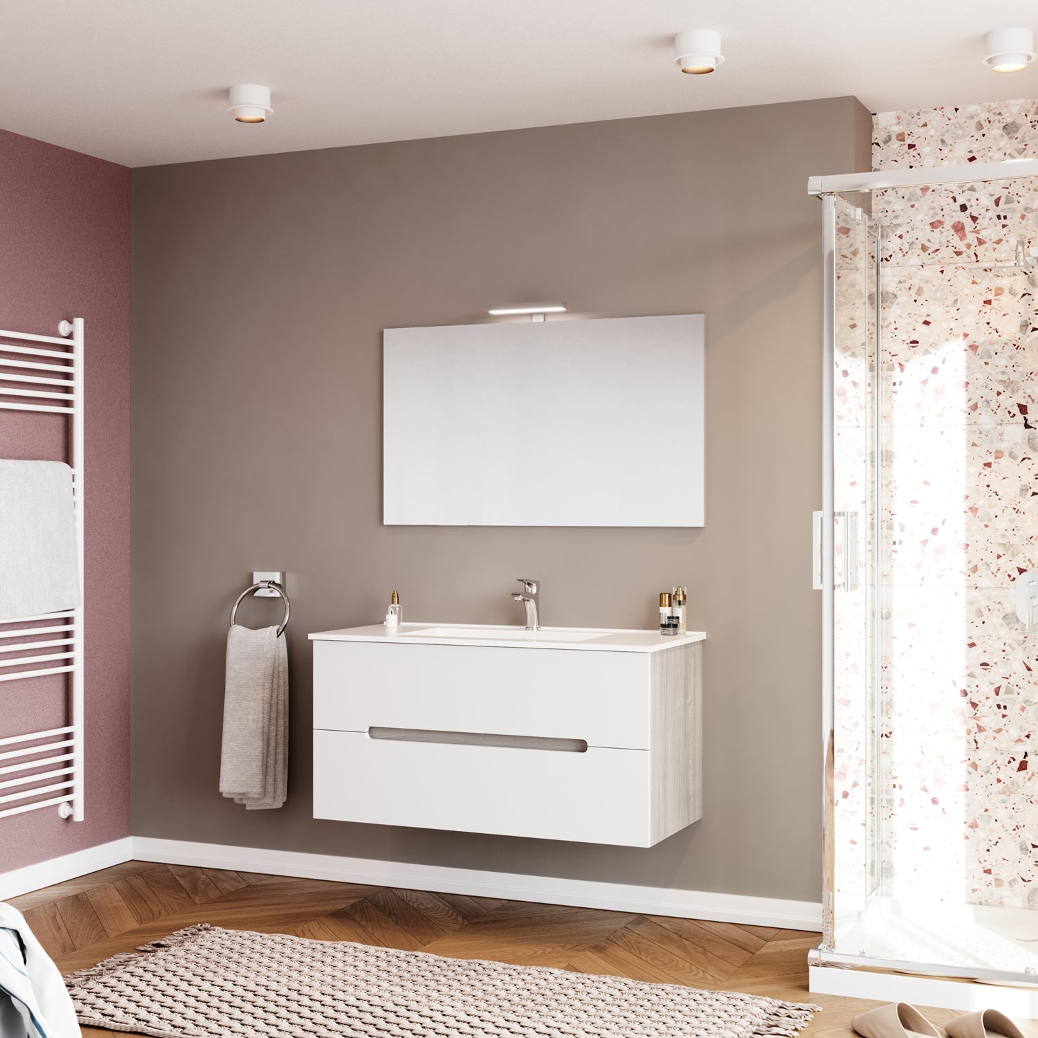 Mobile bagno con lavabo e specchiera Cubi&Co Fluid 3 - Rovere Grigio/Bianco Opaco by CeramicStore | Lo specialista del tuo bagno