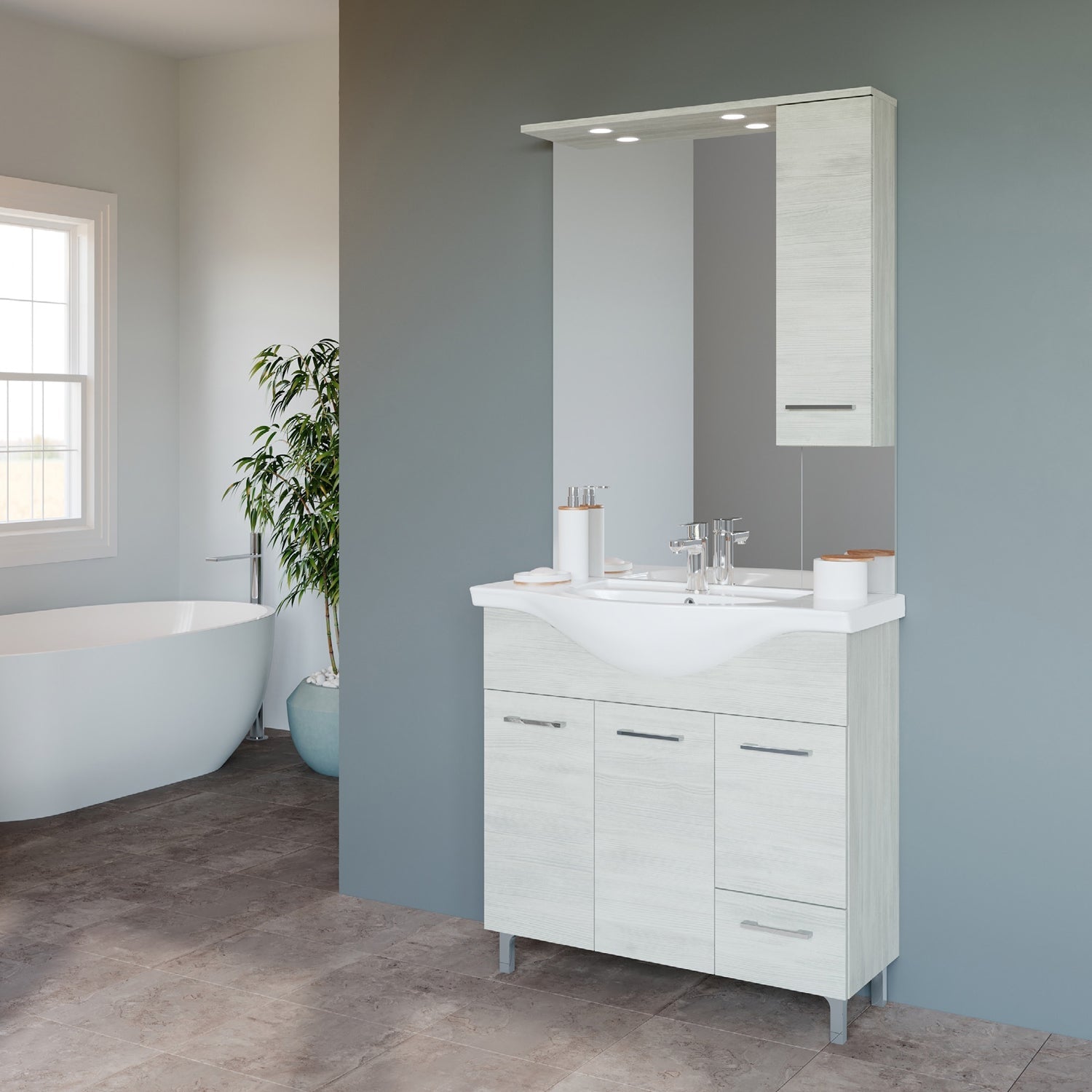 Mobile bagno completo di lavabo e specchio con pensile cm 85 Rovere Bianco Beach2 by CeramicStore | Lo specialista del tuo bagno