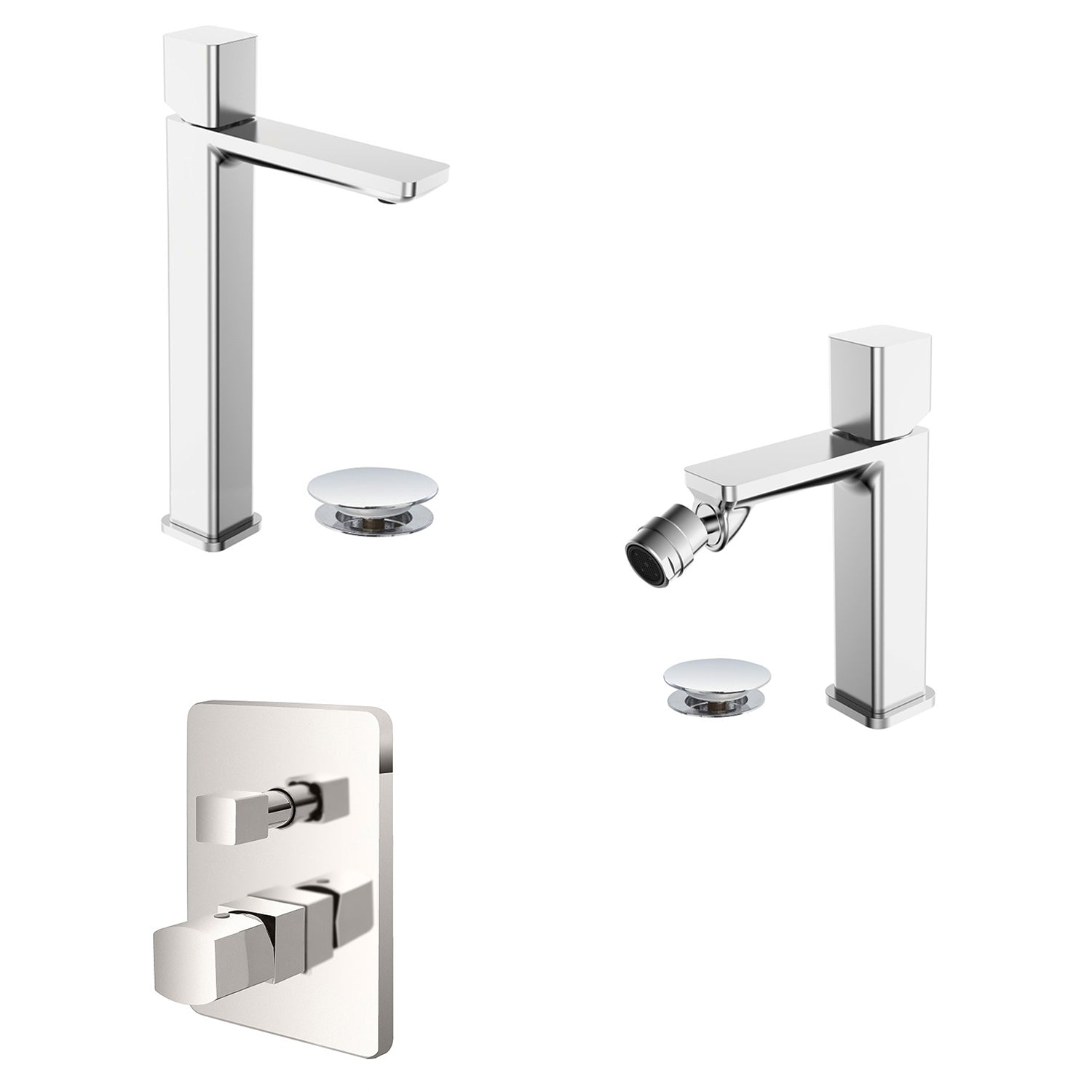 Kit miscelatore lavabo alto + bidet + doccia a una via RubiFlux serie Lilium Modello Grey con piletta clic-clac - Nickel spazzolato 2