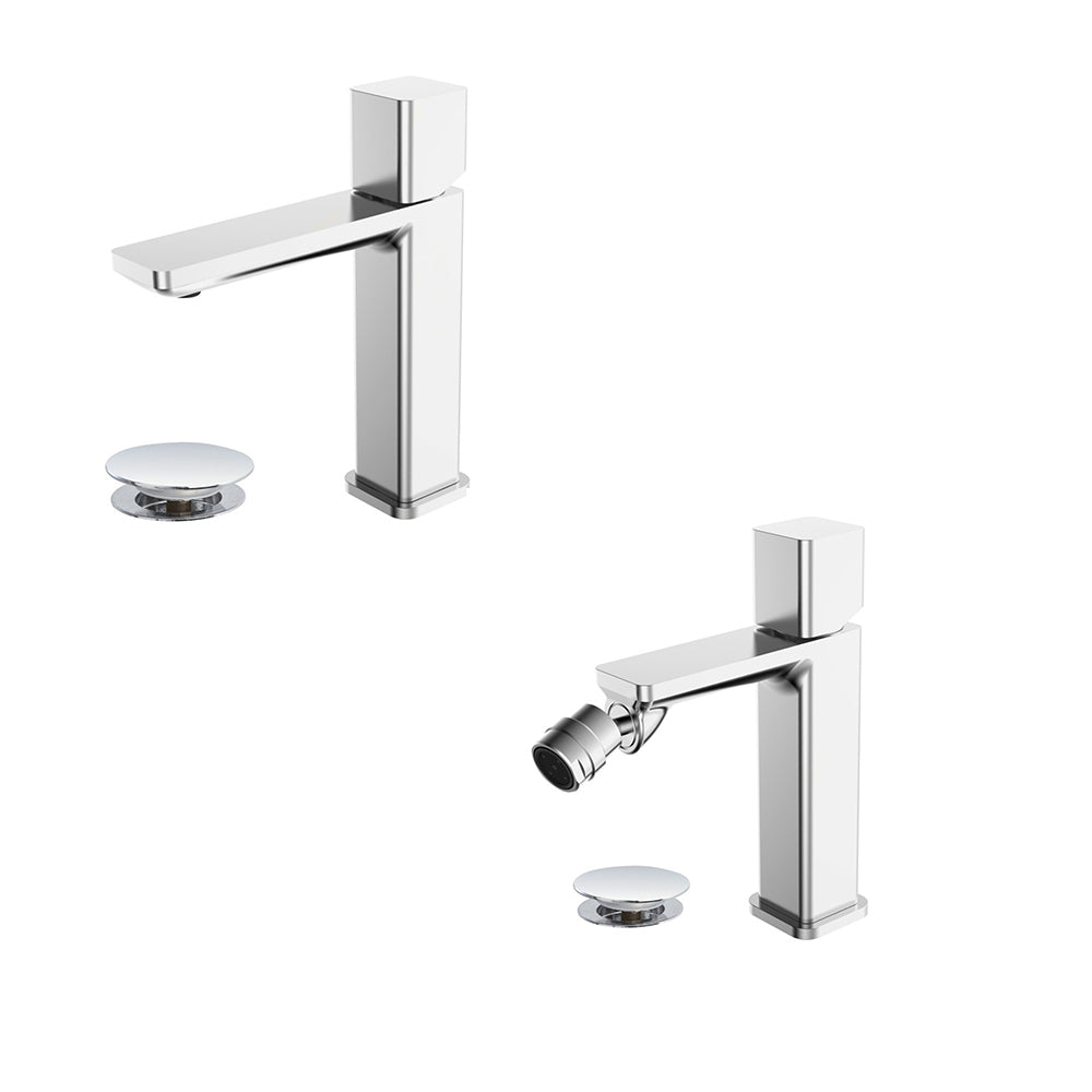 Kit miscelatore lavabo + bidet RubiFlux serie Lilium Modello Chrome con piletta clic-clac in acciaio inox - Cromato lucido