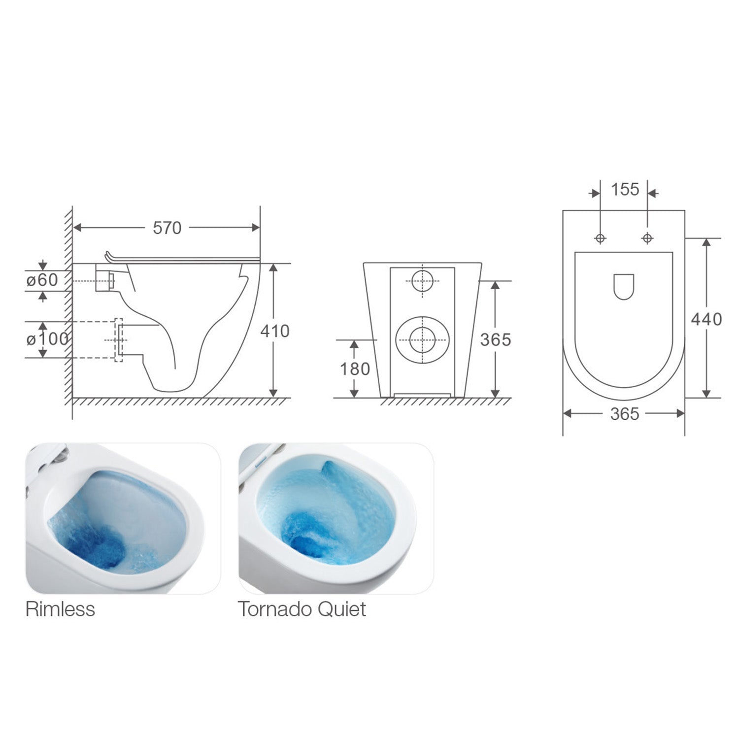  Sanitari bagno filomuro BathCore modello PureEssence Rimless/Tornado Quiet 57x36.5 cm - Bianco