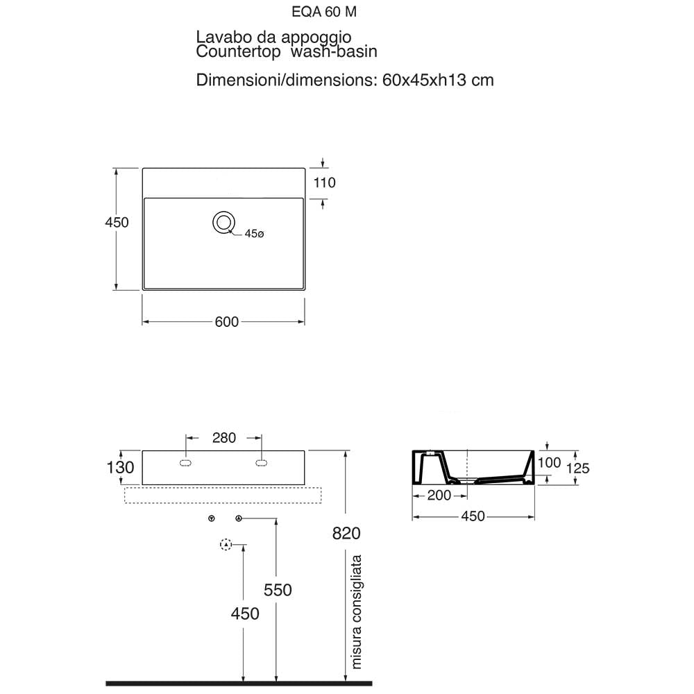  Lavabo da appoggio squadrato Ceramica Azzurra Elegance 60x45 cm