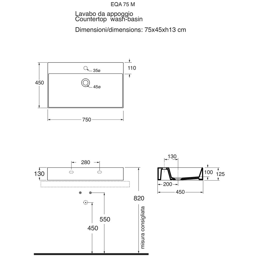  Lavabo da appoggio squadrato Ceramica Azzurra Elegance 75x45 cm