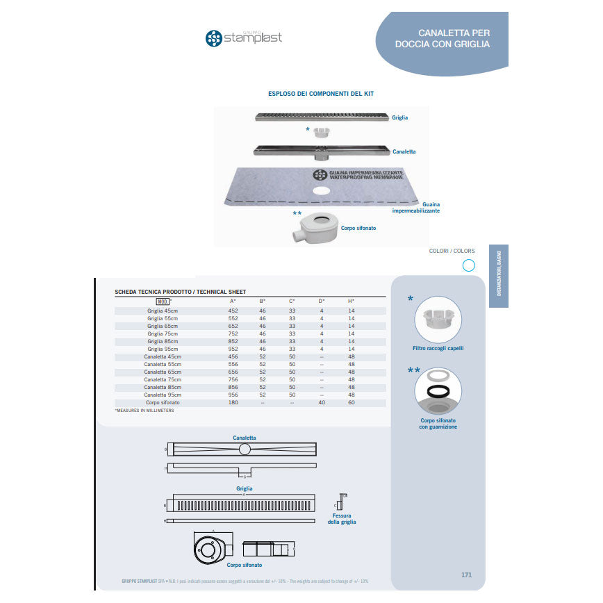 Canaletta per doccia Stamplast con corpo e griglia in Acciaio INOX completa di guaina protettiva lunghezza 55 cm 3