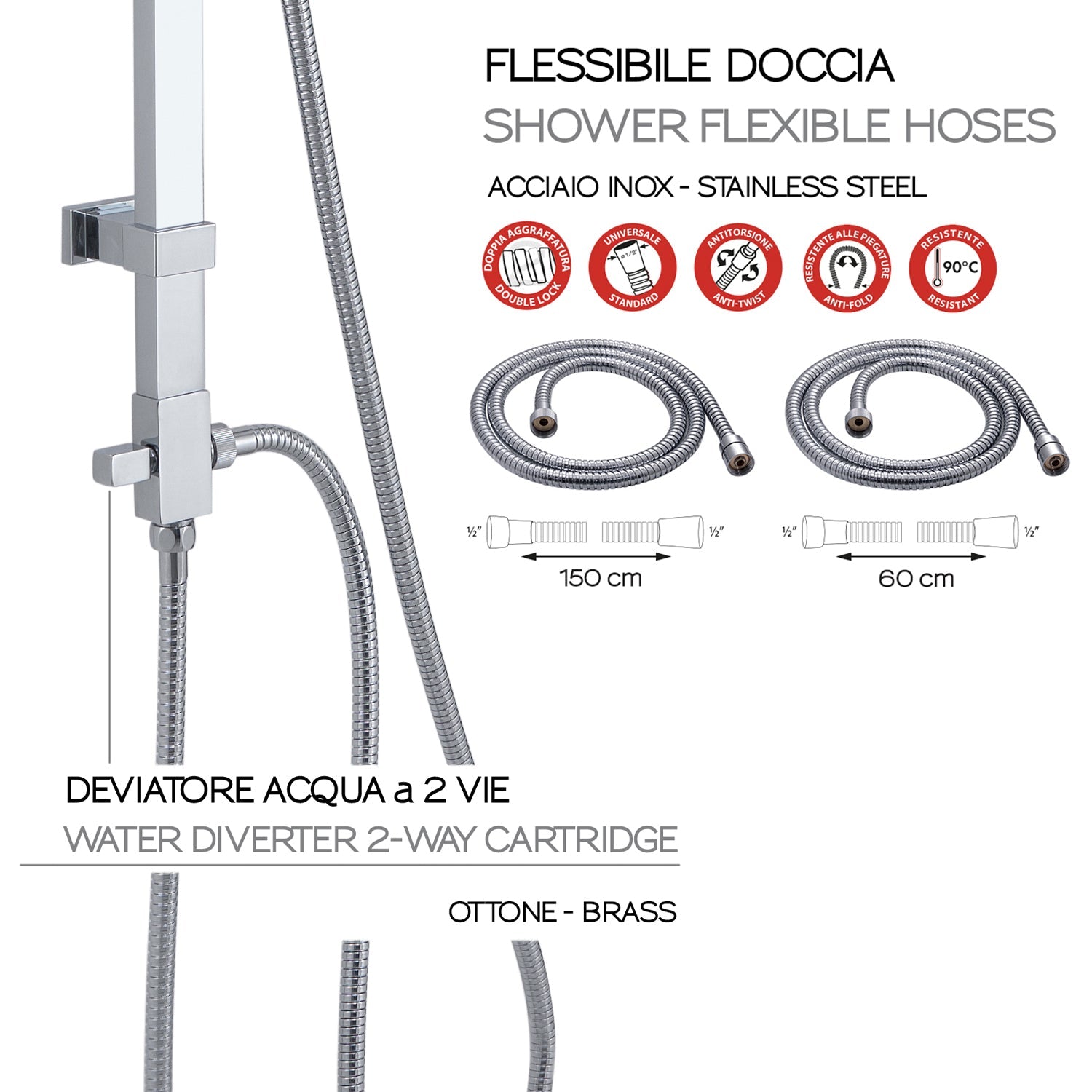  Colonna doccia regolabile da 100 cm con soffione quadrato 20x20 cm doccetta e deviatore modello STAR 01 by CeramicStore | Lo specialista del tuo bagno