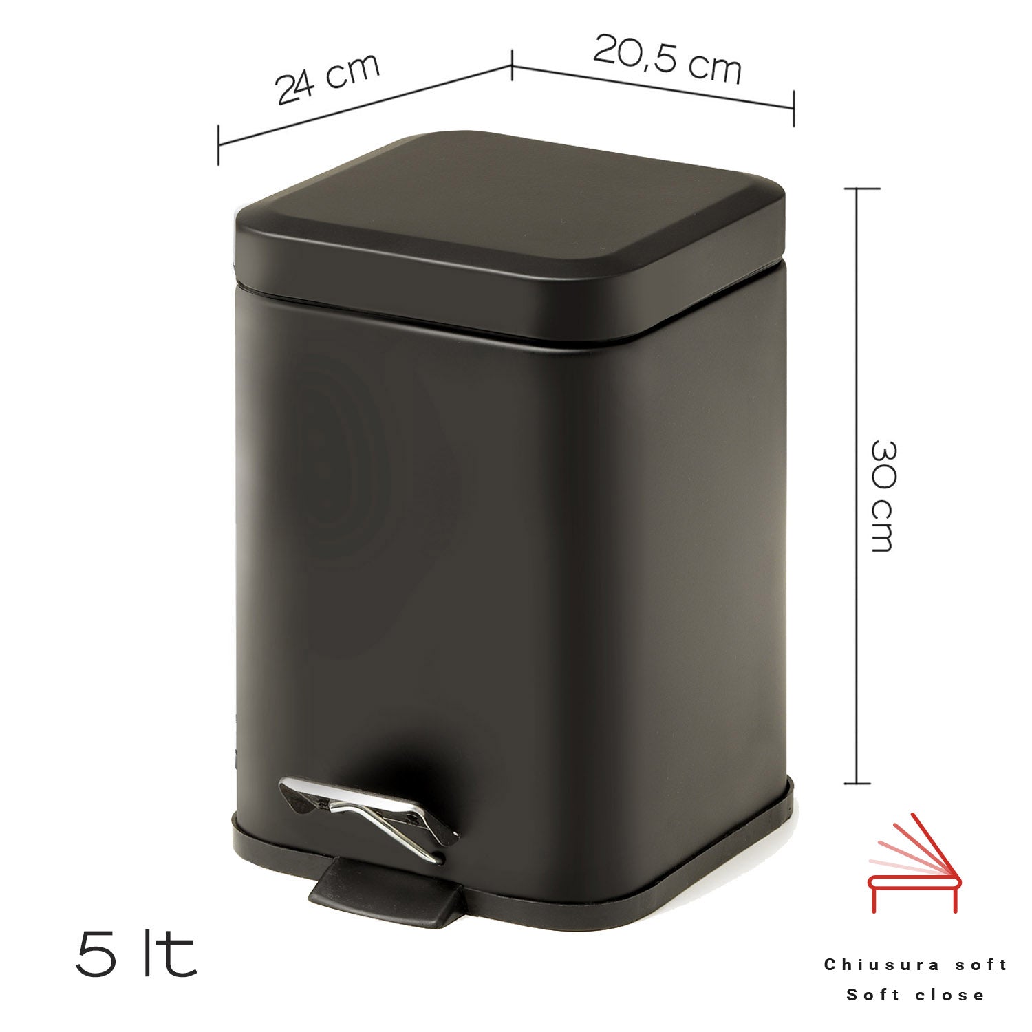  Portarifiuti quadrato 5 lt in Acciaio Inox modello Argenta di Gedy - Nero Matt by CeramicStore | Lo specialista del tuo bagno