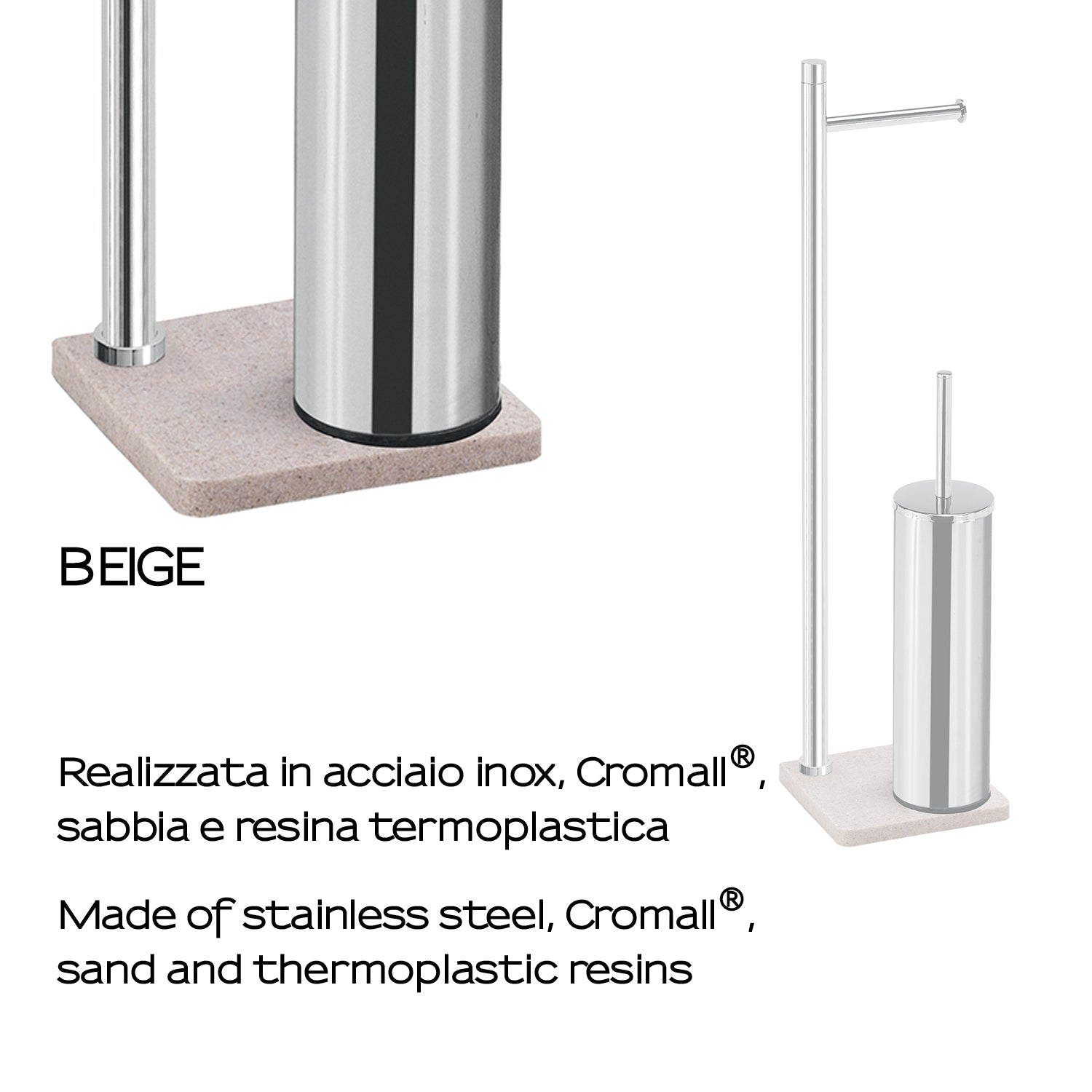 TR32-03 - Piantana in Acciaio Inox con porta carta igienica e porta scopino Gedy Linea Trilly - Finitura Cromo/Beige 3