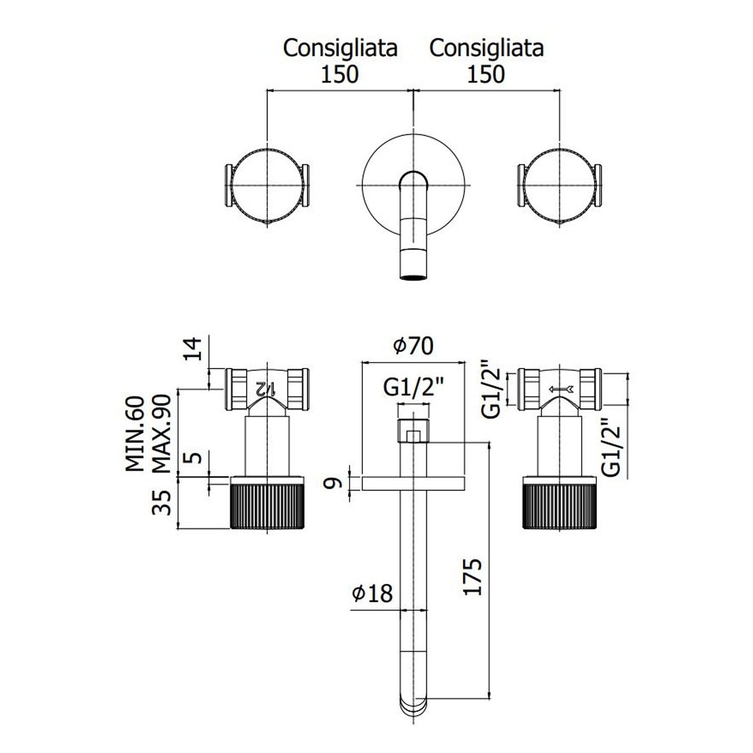 Miscelatore lavabo a muro con bocca cm 24,5 Paffoni Jo cromato 3
