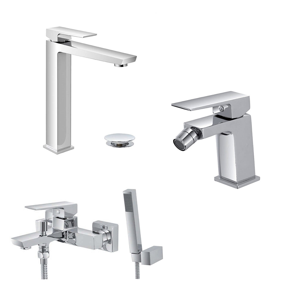 Kit miscelatore lavabo, bidet e vasca esterno RubiFlux serie Arkon con scarico clic-clac - Cromo