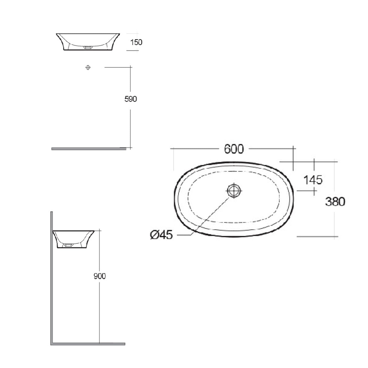  Lavabo da appoggio Sensation in ceramica bianca lunghezza 60 cm senza troppopieno
