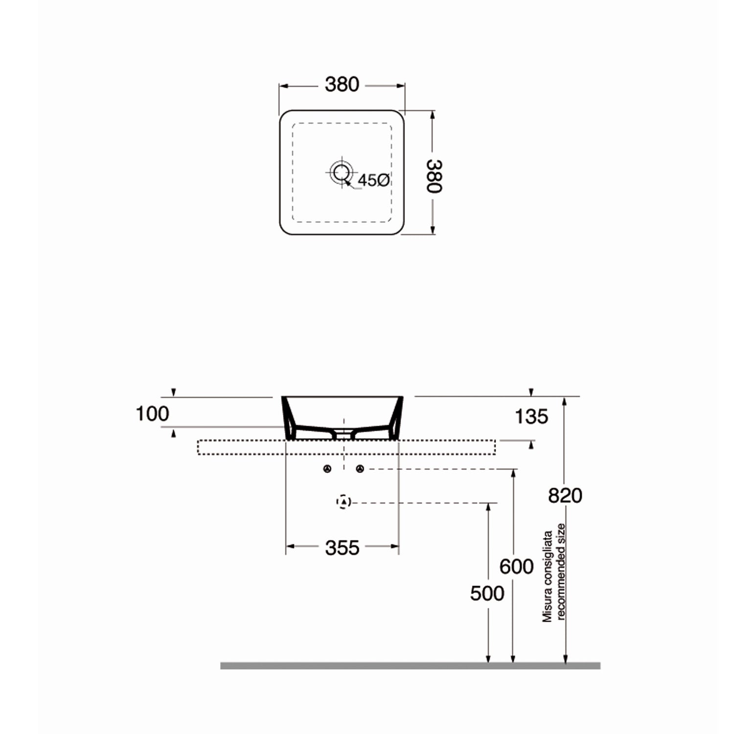  Lavabo appoggio Quadro 38cm in ceramica bianco lucido
