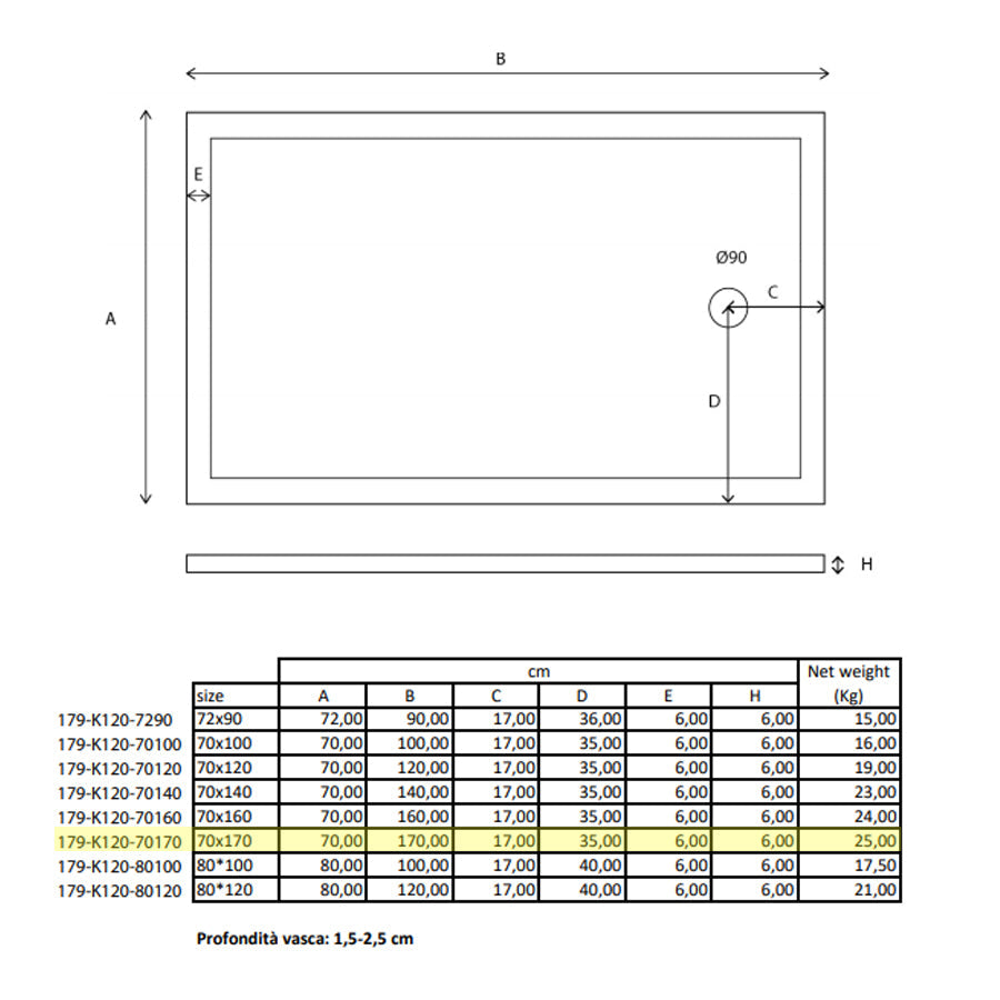  Piatto doccia rettangolare Kepler 70x170 h.6 cm in acrilico rinforzato senza piletta